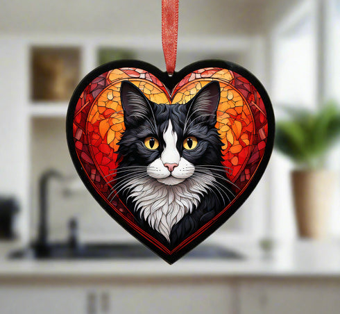 Black & White Cat Stained Glass Effect Heart Suncatcher